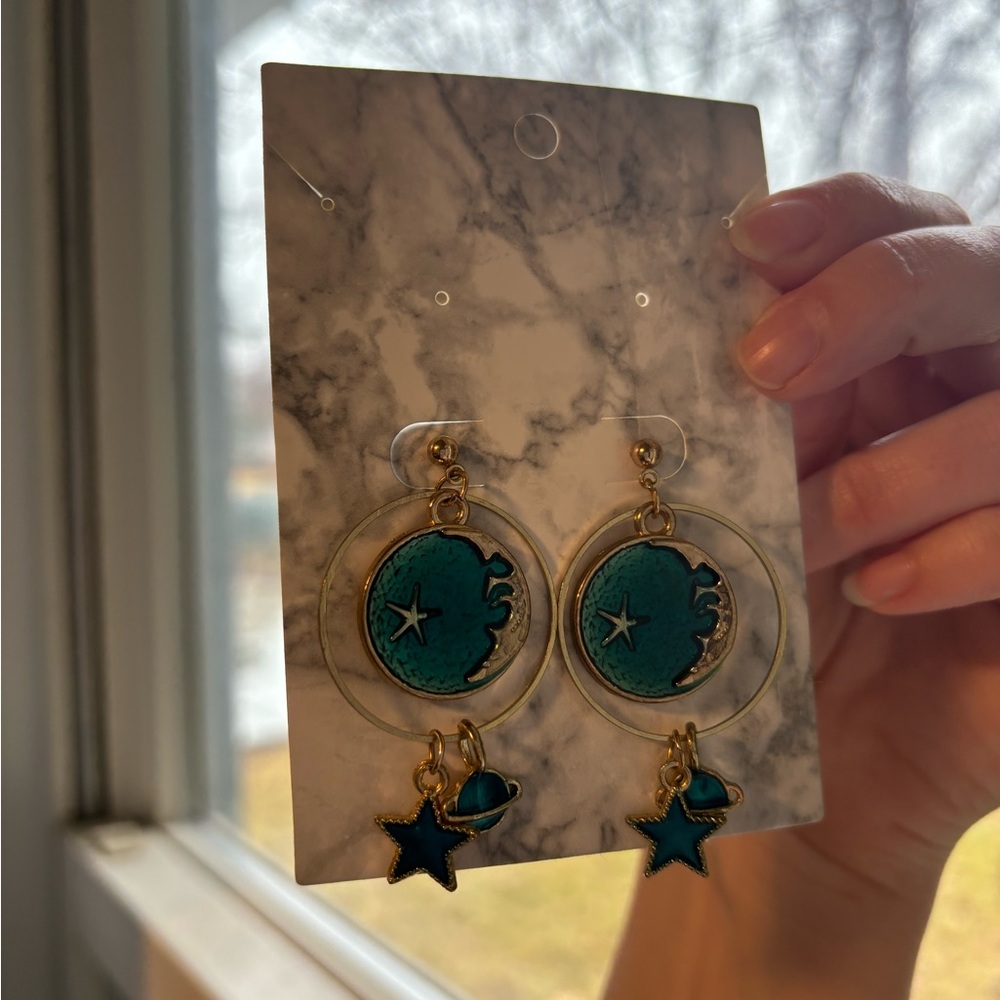 Gold and Teal Celetial Earrings - Picture 4 of 4